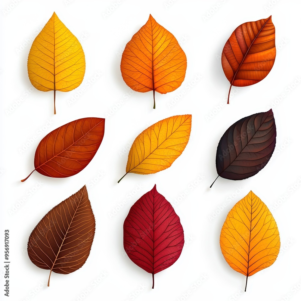 Fototapeta premium A collection of vibrant fall leaves in various shapes and colors, perfect for seasonal decor and nature-inspired designs.