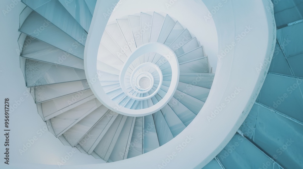 Fototapeta premium A mesmerizing spiral staircase with clean white lines twisting downward, creating an abstract, geometric perspective that captivates the viewer.