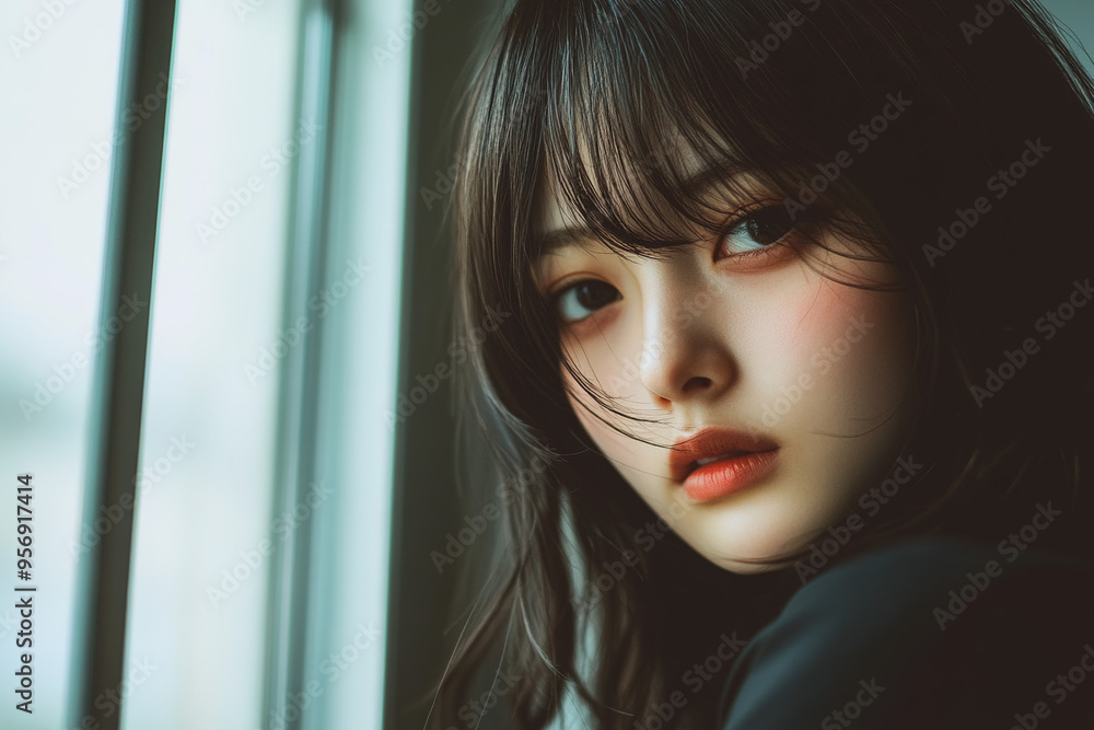 Asian woman wearing off-shoulder dress at the beach, posing like a Korean fashion icon, enjoying a sunny summer vacation by the sea, showcasing beauty and relaxation in a photo-realistic scene.