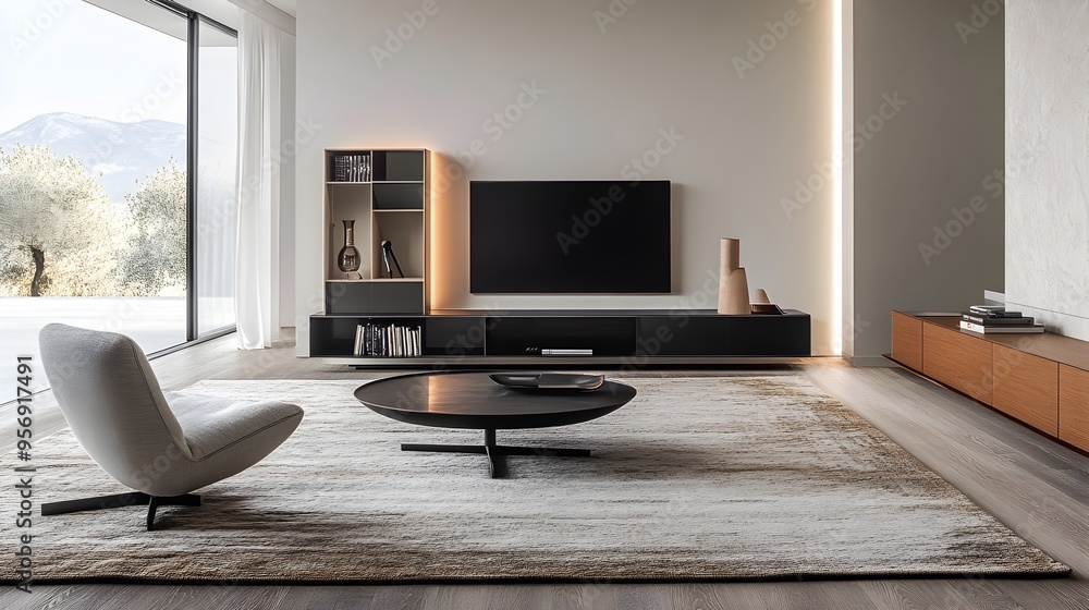Cozy and Stylish Modern Living Room with Minimalist Furniture and Decor Sleek Entertainment Center Large Rug and Elegant Comfortable Atmosphere Cozy and Stylish Modern Living Room with Minimalist Furniture and Decor Sleek Entertainment Center Large Rug and Elegant Comfortable Atmosphere