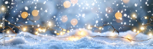 string light christmas on snow drop on floor bokeh white and blur background