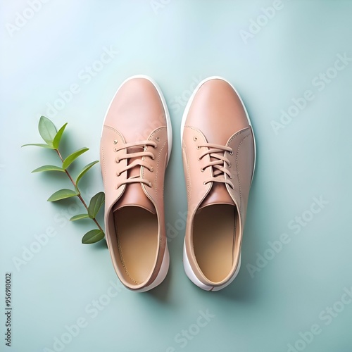 Wallpaper Mural A pair of stylish. light brown leather sneakers with white soles. arranged symmetrically on a calming pastel green background. Torontodigital.ca