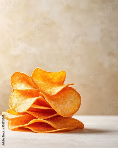 A stack of golden potato chips arranged on a rustic background, perfect for snack and food photography.