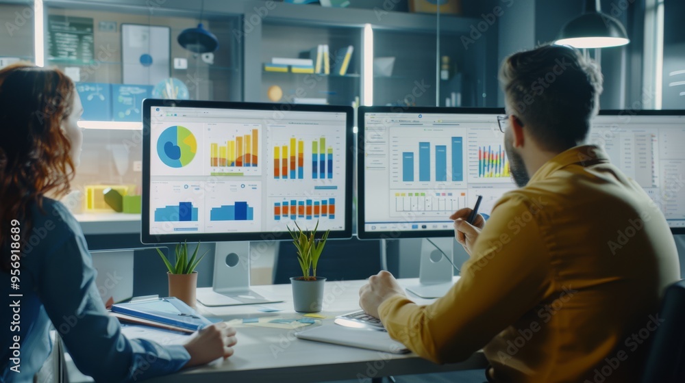 Professionals in a modern office setting, focused on data analytics and business strategy, exemplify teamwork and efficiency. Professionals in a modern office setting, focused on data analytics and business strategy, exemplify teamwork and efficiency.