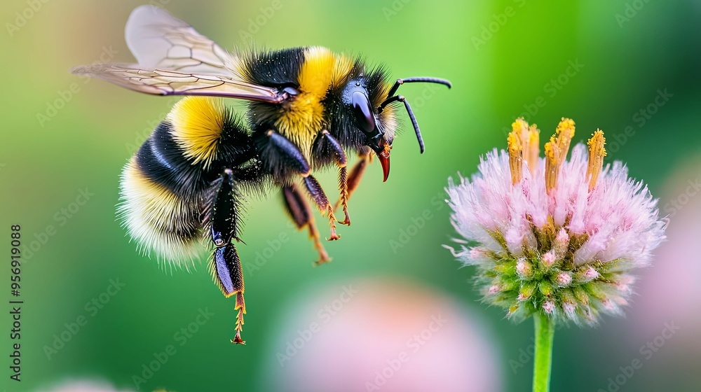 Close-up of a Bumblebee Hovering Near a Pink Flower Close-up of a Bumblebee Hovering Near a Pink Flower