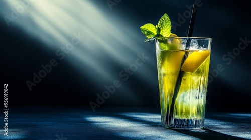 We've got Hugo Sparkling Wine Cocktail with Mint, Lemon, and EcoFriendly Straws in stock photo