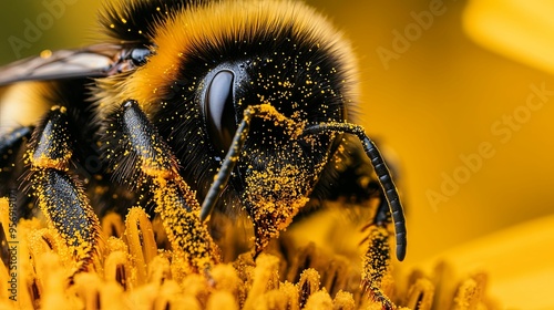 Close-up of a Bumblebee Covered in Pollen on a Yellow Flower photo