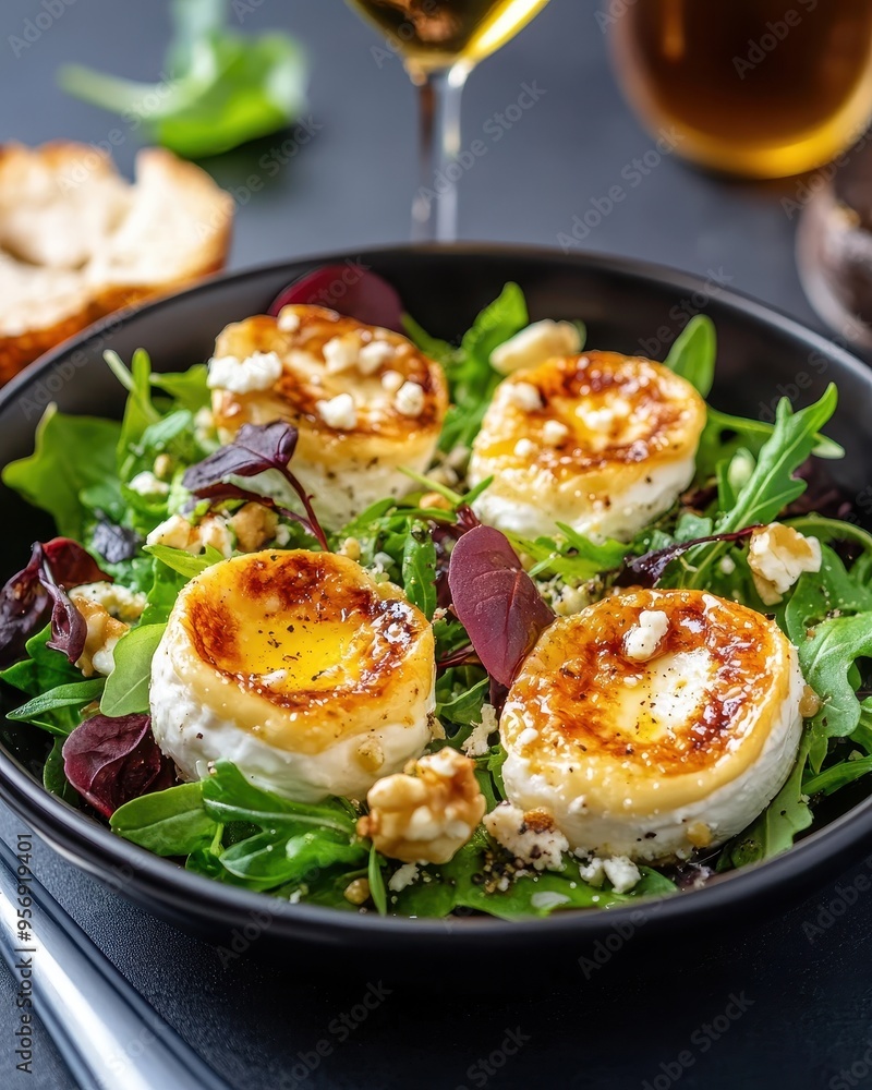 A vibrant salad featuring grilled cheese atop fresh greens, garnished with nuts and served with a drink. A vibrant salad featuring grilled cheese atop fresh greens, garnished with nuts and served with a drink.