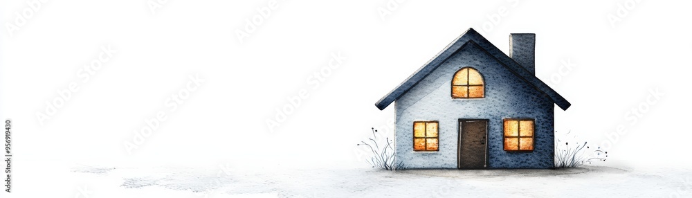 A cozy home illustration with warm lights glowing from the windows, set against a minimalist snowy background. A cozy home illustration with warm lights glowing from the windows, set against a minimalist snowy background.