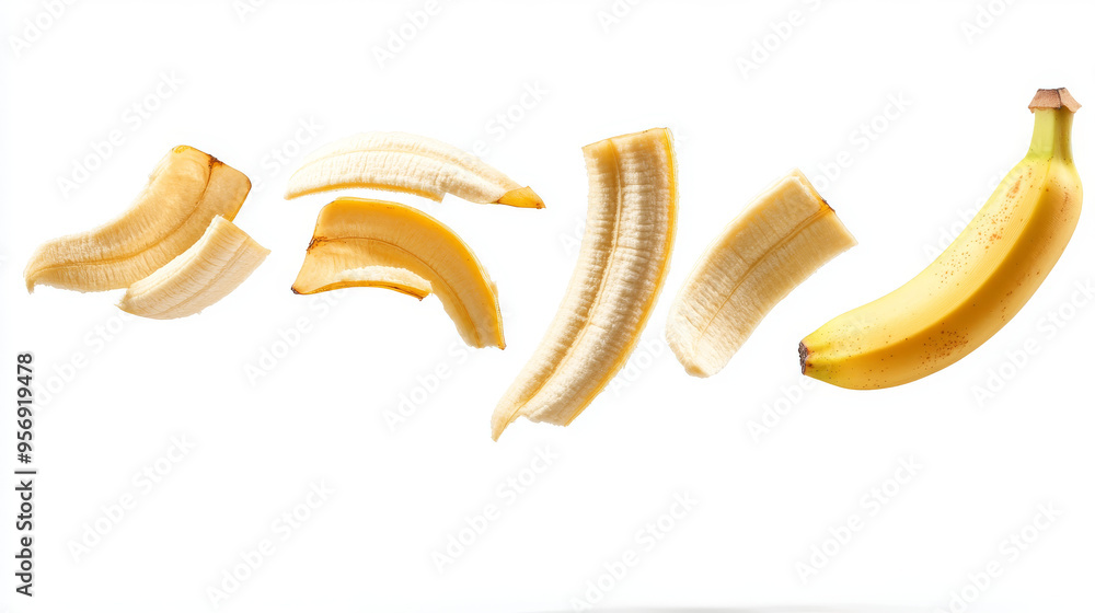 Banana slices in mid-air, isolated on a white background. Banana slices in mid-air, isolated on a white background.
