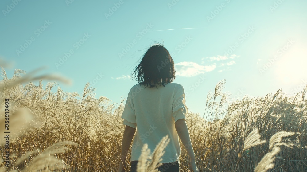 Fototapeta premium A Japanese woman walking through a field of tall grass, the sky above clear and bright