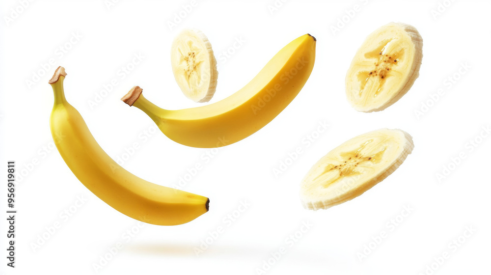 Banana slices in mid-air, isolated on a white background. Banana slices in mid-air, isolated on a white background.