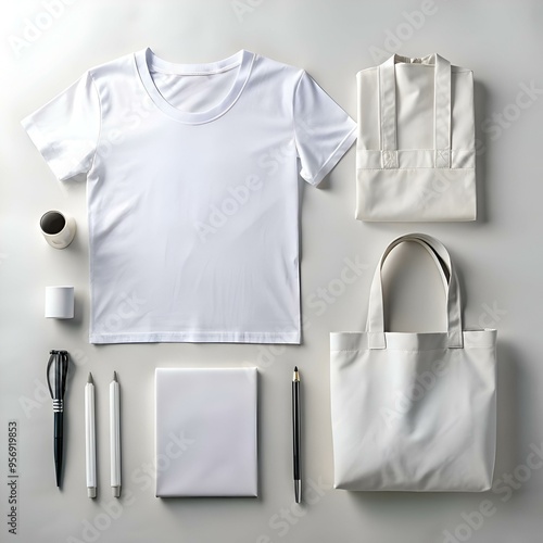 Blank white promotional merchandise mockup featuring a t shirt. tote bag. notebook. and pens.