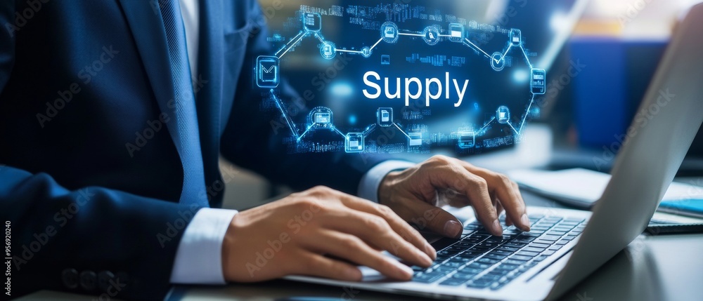 Businessman Displaying Digital Supply Chain Management on Laptop Businessman Displaying Digital Supply Chain Management on Laptop