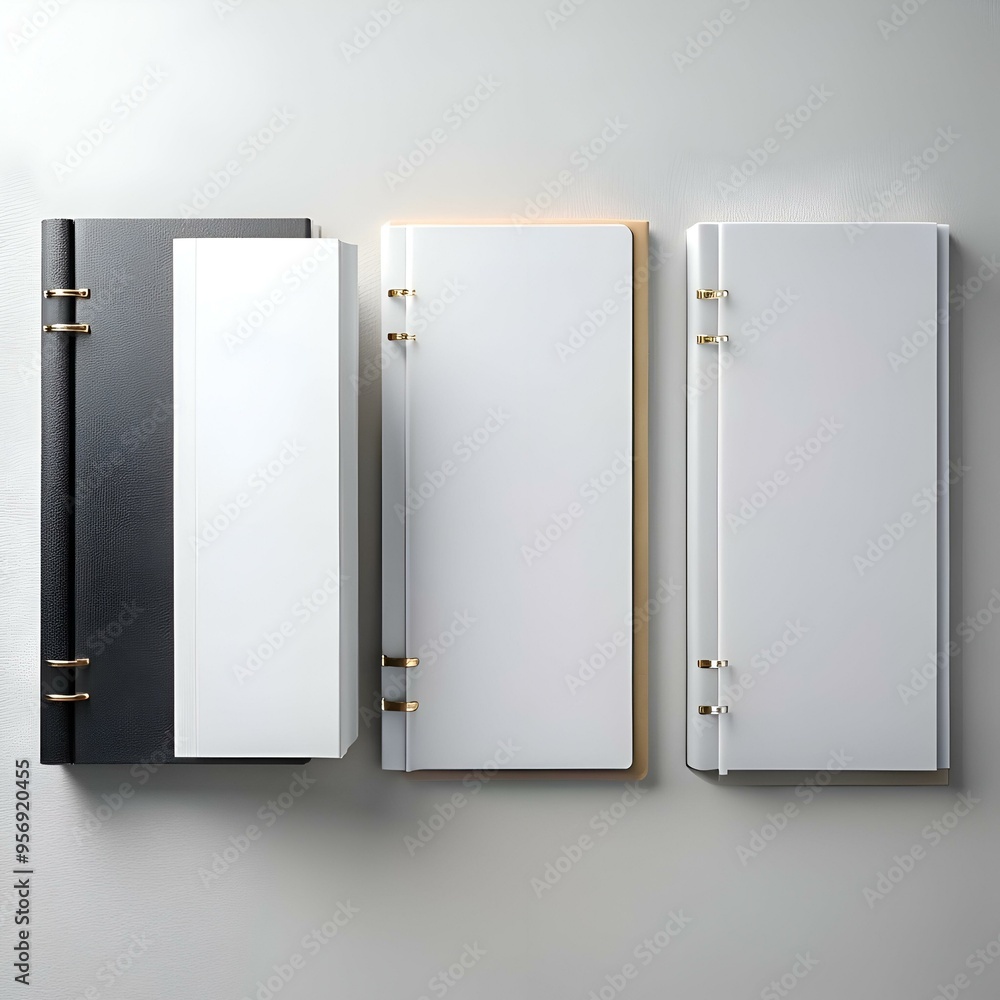 Three blank notebooks in black. white. and brown with gold rings. Three blank notebooks in black. white. and brown with gold rings.