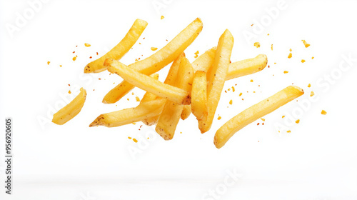 Potato fries in mid-air, isolated on a white background.