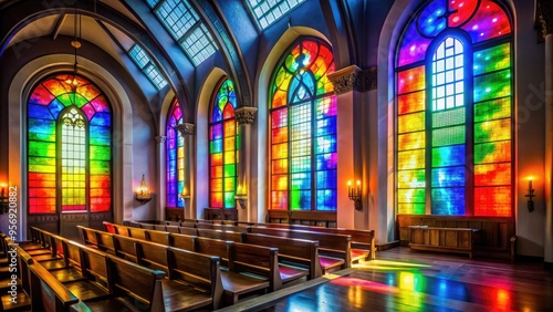 Rainbow-colored stained glass windows illuminate a dimly lit church interior, symbolizing unity, love, and acceptance for the LGBTQ+ community within a sacred and inclusive space. photo