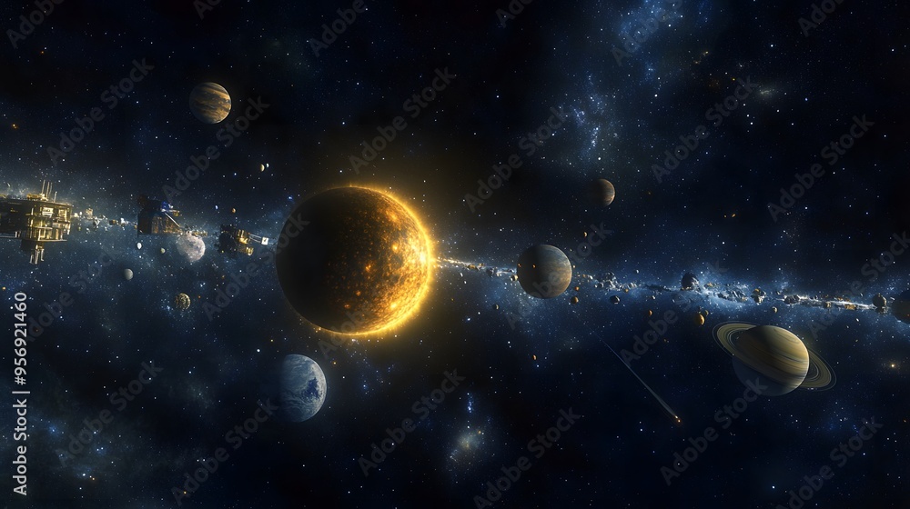 Complete Solar System: A panoramic view of the entire solar system, with each planet orbiting the sun in the vastness of space.
Complete Solar System: A panoramic view of the entire solar system, with each planet orbiting the sun in the vastness of space.