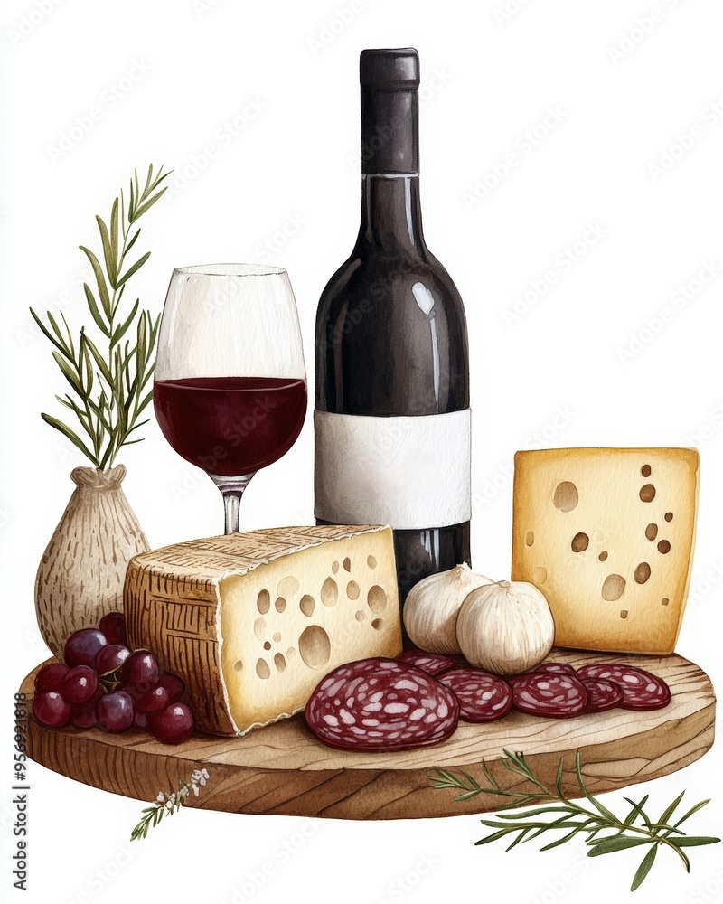 Naklejka premium A delightful arrangement of wine, cheese, and charcuterie, perfect for gatherings and culinary enjoyment.