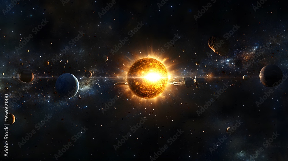 Complete Solar System: A panoramic view of the entire solar system, with each planet orbiting the sun in the vastness of space.
Complete Solar System: A panoramic view of the entire solar system, with each planet orbiting the sun in the vastness of space.