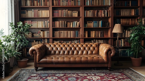 Vintage inspired cozy living room interior with large bookshelf filled with old books tufted leather sofa and a Persian rug creating a refined and sophisticated atmosphere