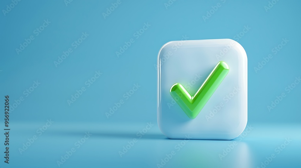 3D checkmark icon on a light blue background, symbolizing approval, success, confirmation, or completion in a minimalist style. 3D checkmark icon on a light blue background, symbolizing approval, success, confirmation, or completion in a minimalist style.