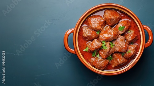 Delicious meatballs simmered in rich tomato sauce, garnished with fresh herbs, served in a vibrant dish. photo