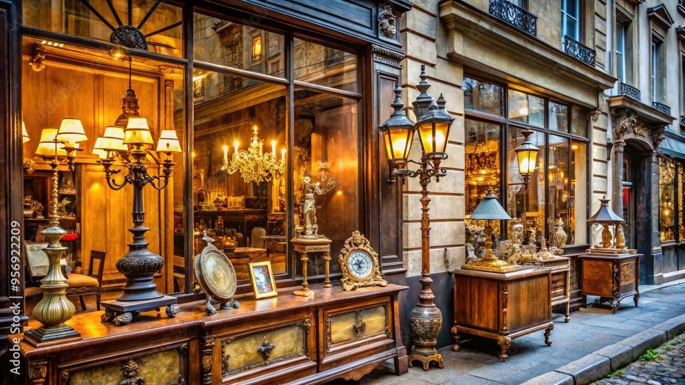 Elegant antique store windows adorn historic Parisian streets, overflowing with ornate clocks, vintage jewelry, and distressed furniture, evoking nostalgia and refinement in the City of Light. Elegant antique store windows adorn historic Parisian streets, overflowing with ornate clocks, vintage jewelry, and distressed furniture, evoking nostalgia and refinement in the City of Light.