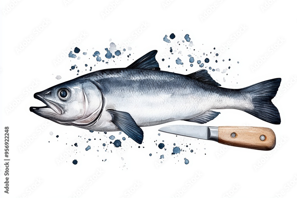 Obraz premium A detailed illustration of a fish alongside a knife, perfect for culinary or marine-themed projects.