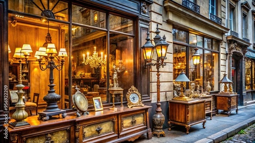 Elegant antique store windows adorn historic Parisian streets, overflowing with ornate clocks, vintage jewelry, and distressed furniture, evoking nostalgia and refinement in the City of Light.