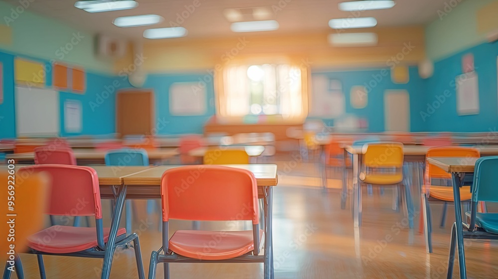 Empty Classroom with Colorful Desks and Chairs Empty Classroom with Colorful Desks and Chairs