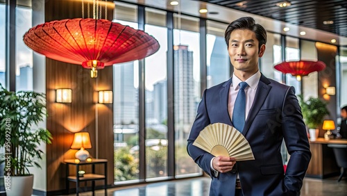 Elegant Chinese businessman standing in a luxurious modern office, surrounded by symbols of prosperity, holding a traditional Chinese fan, exuding confidence and sophistication. photo