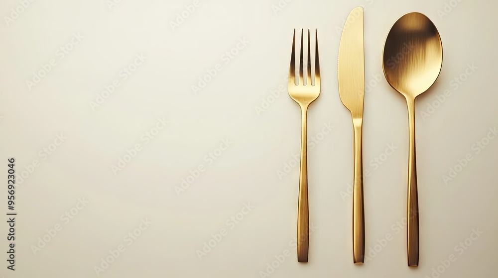 Luxurious gold cutlery set, featuring a spoon and fork, placed on a smooth white background. The premium tableware shines in an elegant composition. Luxurious gold cutlery set, featuring a spoon and fork, placed on a smooth white background. The premium tableware shines in an elegant composition.