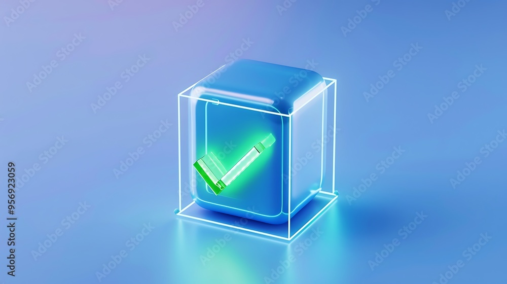 3D glowing check mark in transparent cube on blue background, symbolizing approval, success, and completion in a modern, digital style. 3D glowing check mark in transparent cube on blue background, symbolizing approval, success, and completion in a modern, digital style.