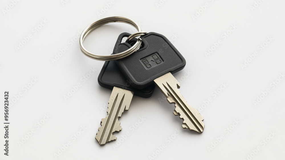 House keys attached to a house-shaped keychain, isolated on a white background. House keys attached to a house-shaped keychain, isolated on a white background.