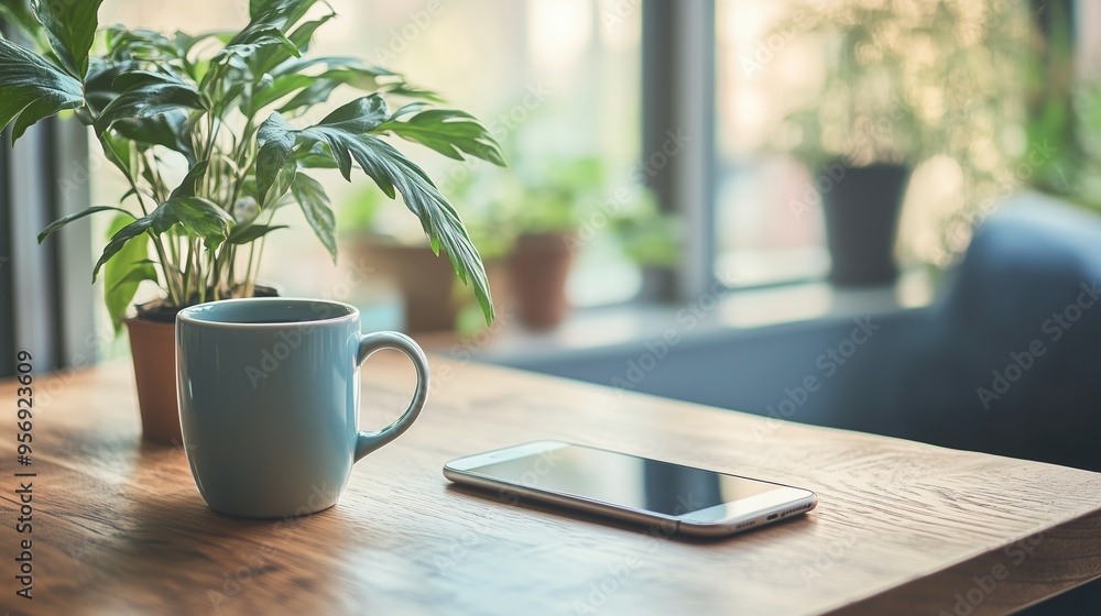 A serene workspace featuring a smartphone A serene workspace featuring a smartphone