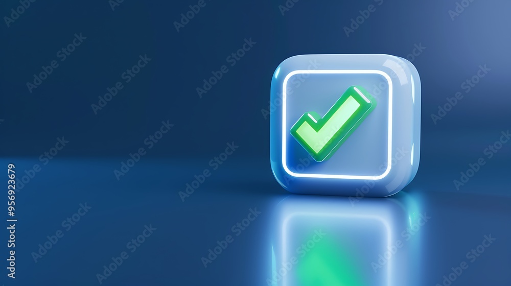 3D green check mark icon on a blue background representing approval, confirmation, or completion. Glossy and reflective finish. 3D green check mark icon on a blue background representing approval, confirmation, or completion. Glossy and reflective finish.