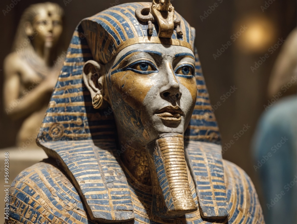 Close-up ancient Egyptian statue head Tutankhamun made stone A s Close-up ancient Egyptian statue head Tutankhamun made stone A s