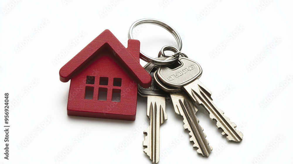 House keys attached to a house-shaped keychain, isolated on a white background. House keys attached to a house-shaped keychain, isolated on a white background.