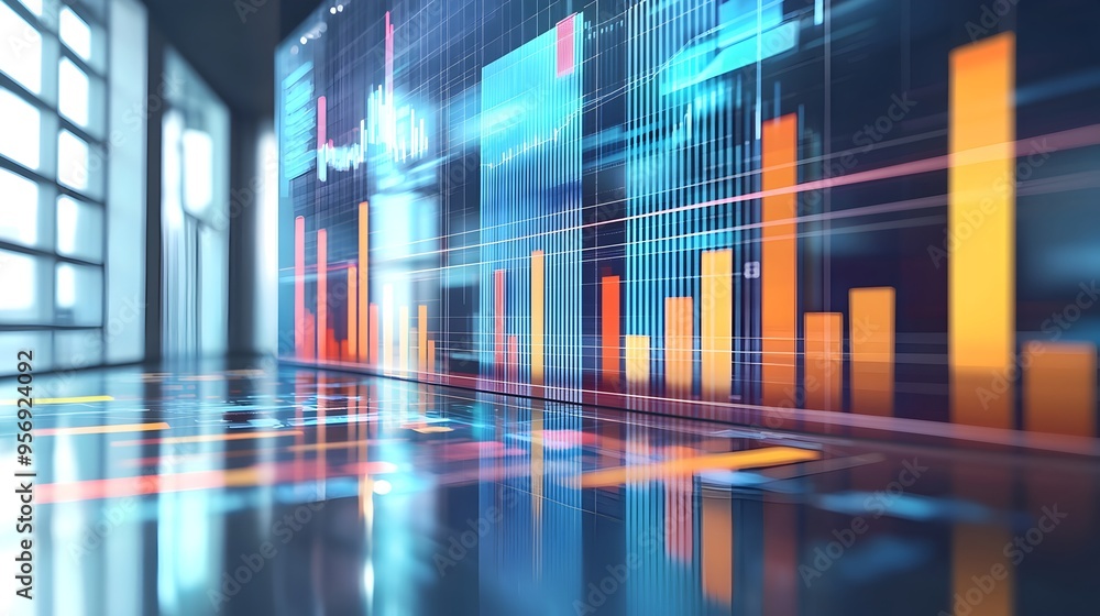 Futuristic Abstract Office Background with Holographic Business Charts and Data Visualization Futuristic Abstract Office Background with Holographic Business Charts and Data Visualization