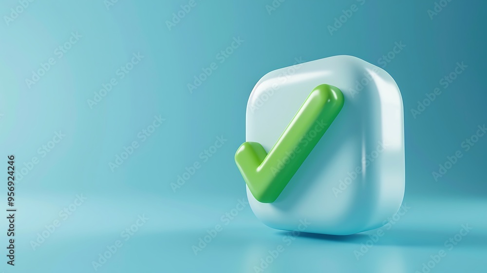 3D green check mark in a box symbolizing success or approval on a blue background. Concept for completion, correct choice, and verification. 3D green check mark in a box symbolizing success or approval on a blue background. Concept for completion, correct choice, and verification.