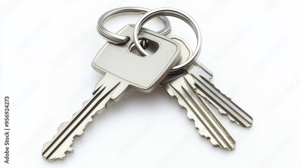 House keys attached to a house-shaped keychain, isolated on a white background. House keys attached to a house-shaped keychain, isolated on a white background.