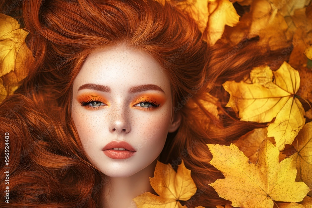 An attractive redheaded model appears over a dark background in this stock photo symbolizing autumn An attractive redheaded model appears over a dark background in this stock photo symbolizing autumn