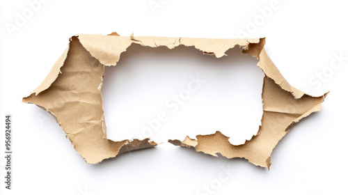 A ragged hole torn in ripped paper, isolated on a white background.