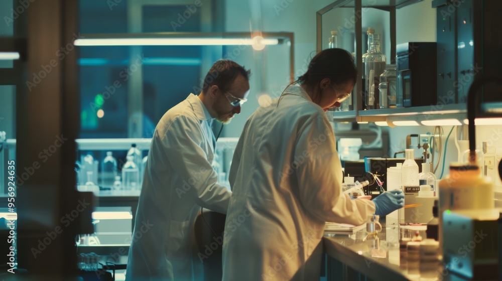 Inside a dimly lit lab, two researchers in white coats work diligently under warm lights, surrounded by scientific instruments and glassware. Inside a dimly lit lab, two researchers in white coats work diligently under warm lights, surrounded by scientific instruments and glassware.