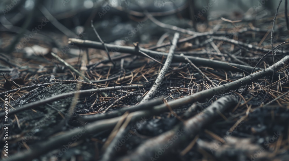 Obraz premium Close-up of twigs and needles scattered on the forest floor, creating an intricate, natural texture amid the tranquility of a dense woodland.