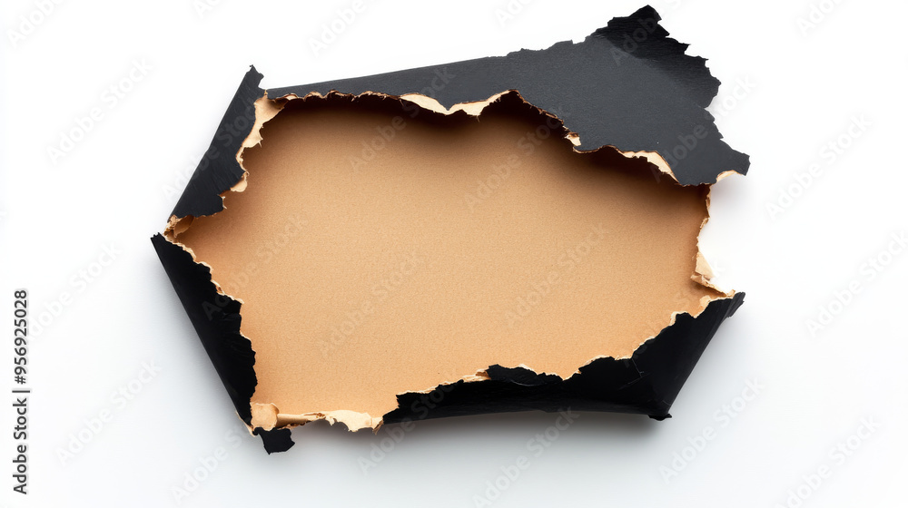A ragged hole torn in ripped paper, isolated on a white background. A ragged hole torn in ripped paper, isolated on a white background.