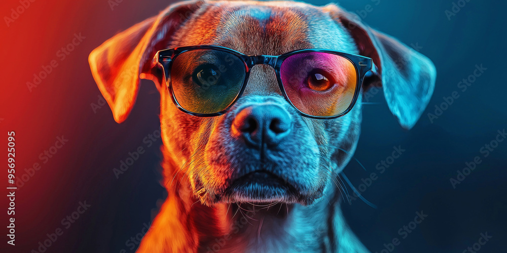 A close-up portrait of a dog wearing glasses, with a colorful and vibrant background. A close-up portrait of a dog wearing glasses, with a colorful and vibrant background.