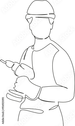 One continuous single drawing line art flat doodle drill, screwdriver, person, man, adult, construction worker, construction industry. Isolated image hand draw contour on a white background
