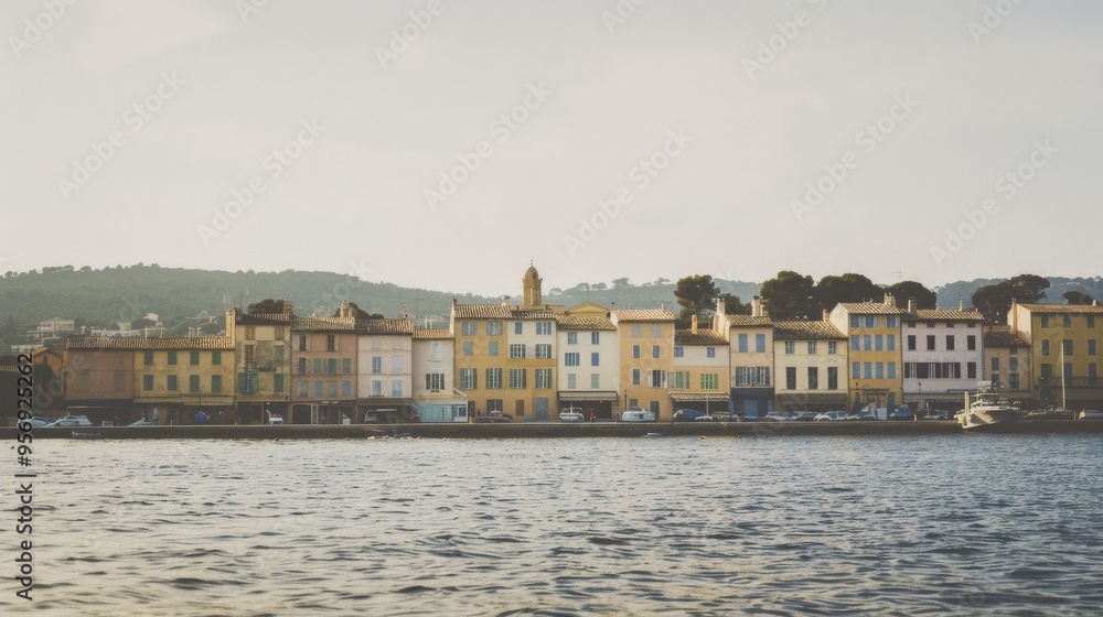Obraz premium A picturesque waterfront town with colorful buildings reflecting on calm waters, evoking a charming and tranquil European vibe.